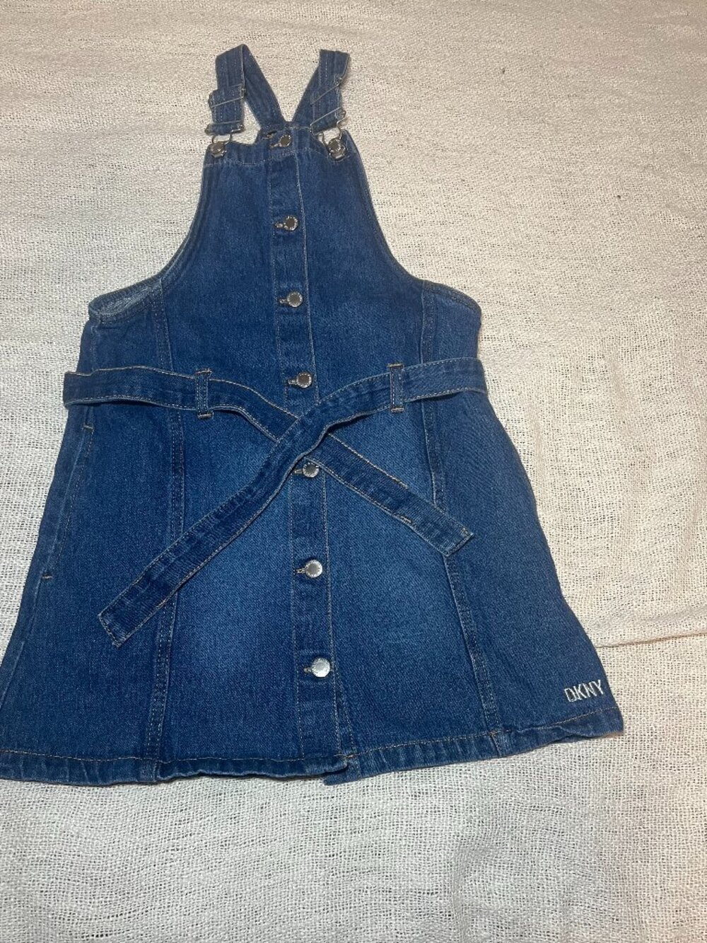 DKNY Girls Denim Overall Dress Jumper Dark Wash Adjustable Straps Belted Size L